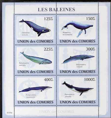 Comoro Islands 2009 Whales perf sheetlet containing 6 values unmounted mint, stamps on marine life, stamps on mammals, stamps on whales