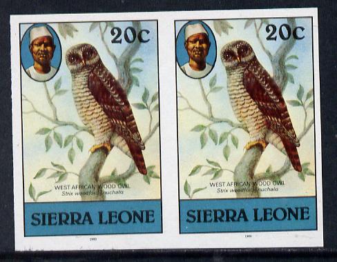 Sierra Leone 1983 Wood Owl 20c in unmounted mint IMPERF pair (as SG 767), stamps on birds, stamps on birds of prey, stamps on owls