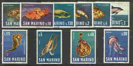 San Marino 1966 Sea Animals complete set of 10 values unmounted mint, SG 804-13*, stamps on fish, stamps on dolphins, stamps on octopus, stamps on seahorse, stamps on marine life