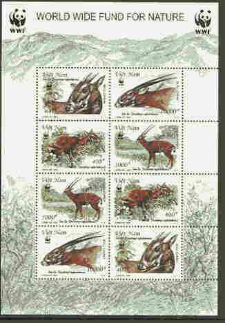 Vietnam 2000 WWF - Antelope sheetlet containing two sets of 4 each stamp optd SPECIMEN, scarce with only 100 sheets thus produced unmounted mint, stamps on wwf, stamps on animals, stamps on  wwf , stamps on 