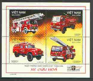 Vietnam 2000 Fire Engines sheetlet containing set of 4, each stamp opt'd SPECIMEN, scarce with only 100 sheets thus produced unmounted mint, stamps on fire