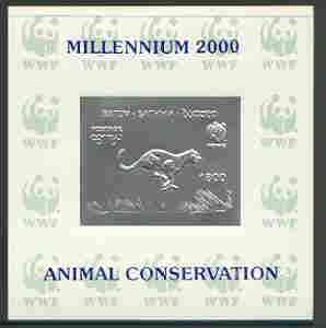 Batum 2000 WWF - Cheetah imperf sheetlet on shiney card with design embossed in silver optd Millennium 2000, Animal Conservation in blue, stamps on wwf, stamps on animals, stamps on cats, stamps on cheetah, stamps on millennium, stamps on  wwf , stamps on 