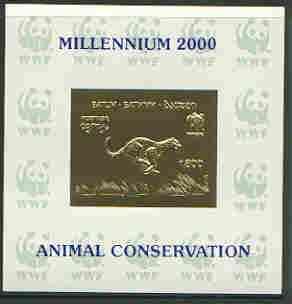 Batum 2000 WWF - Cheetah imperf sheetlet on shiney card with design embossed in gold optd Millennium 2000, Animal Conservation in blue, stamps on wwf, stamps on animals, stamps on cats, stamps on cheetah, stamps on millennium, stamps on  wwf , stamps on 