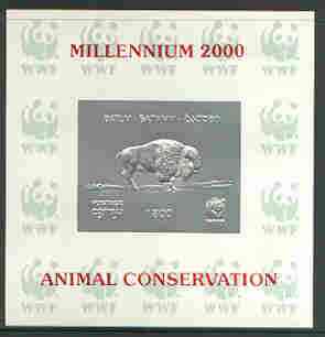 Batum 2000 WWF - Buffalo imperf sheetlet on shiney card with design embossed in silver optd Millennium 2000, Animal Conservation in red, stamps on wwf, stamps on animals, stamps on buffalo, stamps on bovine, stamps on millennium, stamps on  wwf , stamps on 