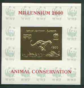 Batum 2000 WWF - Cheetah imperf sheetlet on shiney card with design embossed in gold optd Millennium 2000, Animal Conservation in red, stamps on wwf, stamps on animals, stamps on cats, stamps on cheetah, stamps on millennium, stamps on  wwf , stamps on 