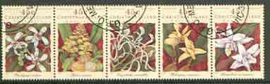 Christmas Island 1994 Orchids horiz strip of 5 very fine cds used, SG 392a, stamps on orchids, stamps on flowers