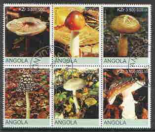 Angola 2000 Fungi perf set of 6 very fine cto used (vert format), stamps on , stamps on  stamps on fungi