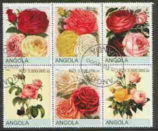 Angola 2000 Roses set of 6 very fine cto used, stamps on flowers, stamps on roses