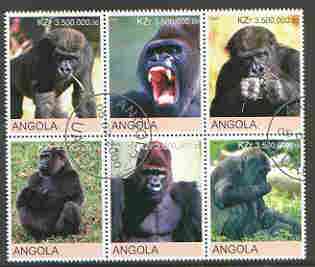 Angola 2000 Primates perf set of 6 very fine cto used, stamps on animals, stamps on apes