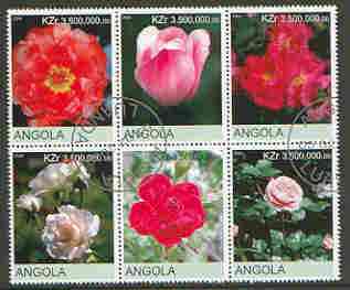 Angola 2000 Flowers #1 set of 6 very fine cto used, stamps on flowers, stamps on tulips, stamps on roses