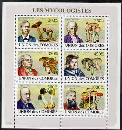 Comoro Islands 2009 Fungi & Mycologists perf sheetlet containing 6 values unmounted mint, Michel 2051-6, stamps on , stamps on  stamps on personalities, stamps on  stamps on fungi