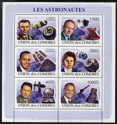 Comoro Islands 2009 Astronauts & Space perf sheetlet containing 6 values unmounted mint, Michel 2009-14, stamps on personalities, stamps on space