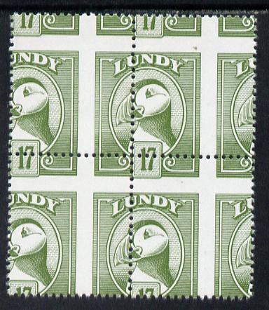 Lundy 1982 Puffin def 17p green with superb misplacement of horiz and vert perfs unmounted mint block of 4, stamps on birds, stamps on lundy, stamps on puffins