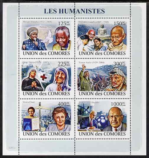 Comoro Islands 2009 Humanitarians perf sheetlet containing 6 values unmounted mint, Michel 1974-9, stamps on personalities, stamps on peace, stamps on teresa, stamps on gandhi, stamps on mandela, stamps on 