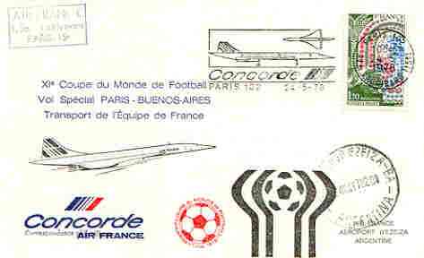 France 1978 Air France flight post card for World Cup Football (Paris to Buenos Aires) with illustrated Concorde cancel, stamps on aviation, stamps on concorde, stamps on football, stamps on sport