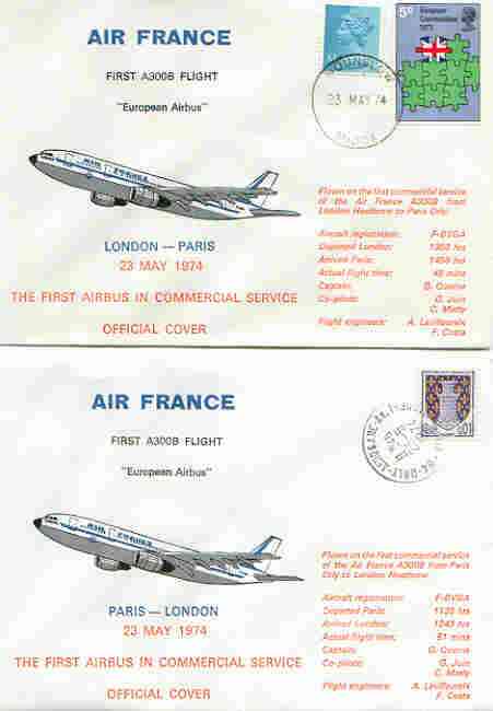 Great Britain 1974 Air France Airbus first commercial service flight cover London to Paris plus matched cover for return, stamps on aviation, stamps on airbus