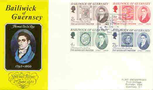 Guernsey 1971 Thomas De La Rue Commemoration set of 4 on illustrated cover with first day cancel, stamps on printing, stamps on stamp on stamp, stamps on stamponstamp