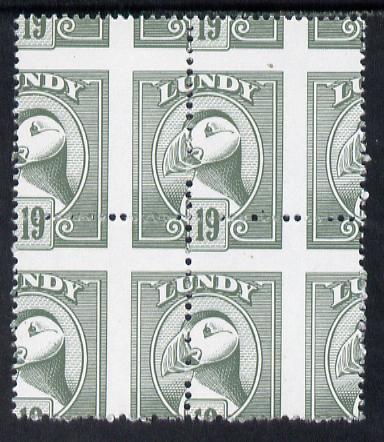 Lundy 1982 Puffin def 19p grey-green with superb misplacement of horiz and vert perfs unmounted mint block of 4, stamps on birds, stamps on lundy, stamps on puffins