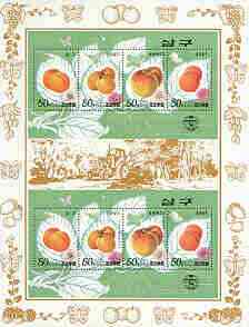 North Korea 1996 Apricots perf sheetlet containing 2 sets of 4, as SG N3659-62, stamps on food, stamps on fruit, stamps on apricots, stamps on tractor, stamps on grapes