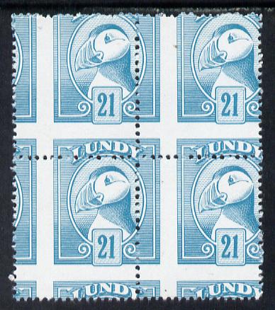 Lundy 1982 Puffin def 21p pale blue with superb misplacement of horiz and vert perfs unmounted mint block of 4, stamps on birds, stamps on lundy, stamps on puffins