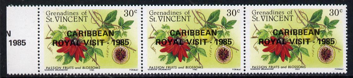 St Vincent - Grenadines 1985 Passion Fruit 30c with Royal Visit opt, unmounted mint horiz marginal strip of 3, with additional opt in margin (as SG 398), stamps on food, stamps on royalty, stamps on trees, stamps on royal visit, stamps on fruit
