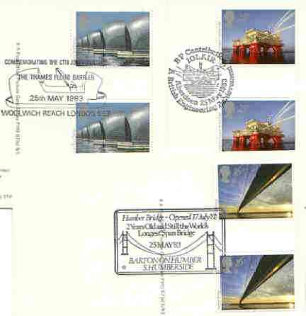 Great Britain 1983 Europa - Engineering Achievements set of 3 PHQ cards with appropriate gutter pairs each very fine used with first day cancels, stamps on technology, stamps on bridges, stamps on  oil , stamps on europa, stamps on engineering