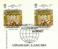 Great Britain 1984 London Economic Summit PHQ card with appropriate gutter pairs each very fine used with first day cancels, stamps on flags, stamps on constitutions, stamps on banking:economics