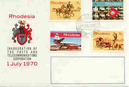 Rhodesia 1970 Inauguration of Posts & Telecommunications Corp set of 4 on illustrated cover with first day cancel, SG 453-56, stamps on communications, stamps on postman, stamps on horses, stamps on telephone, stamps on aviation
