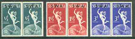 South West Africa 1949 KG6 75th Anniversary of Universal Postal Union bi-lingual pairs set of 3 unmounted mint, SG 138-40, stamps on , stamps on  upu , stamps on  kg6 , stamps on  