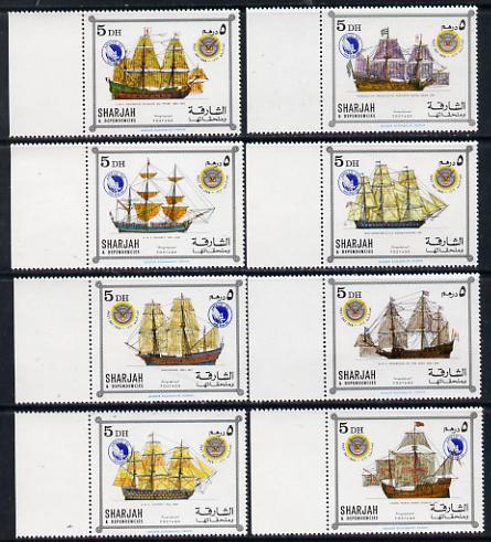 Sharjah 1969 Ships - Apollo 12 opts on Famous Ships issue, set of 8 unmounted mint, one with opt omitted & inverted on gummed side, stamps on ships  space, stamps on columbus, stamps on nelson