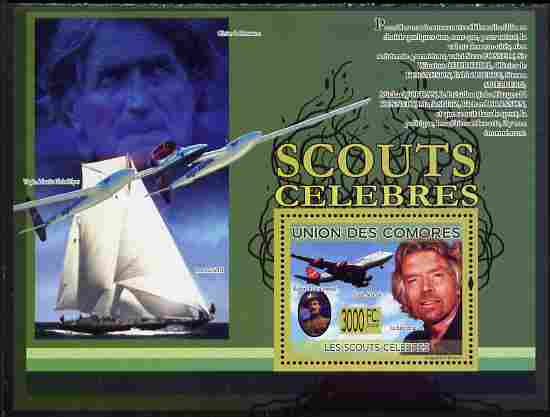 Comoro Islands 2009 Famous Scouts perf souvenir sheet unmounted mint, Michel BL 507, stamps on personalities, stamps on scouts, stamps on ships, stamps on , stamps on aviation