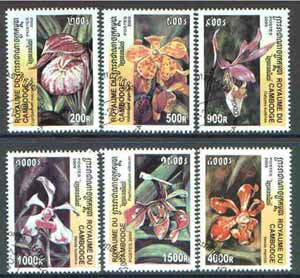 Cambodia 2000 Orchids complete perf set of 6 values cto used, stamps on flowers, stamps on orchids