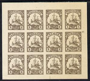 German Cols 1900 Yacht imperf forgery pane of 12 for various Colonies printed se-tenant in brown on gummed paper (3pfg, 1c, 2p & 2.5h), stamps on ships  yachting    sailing