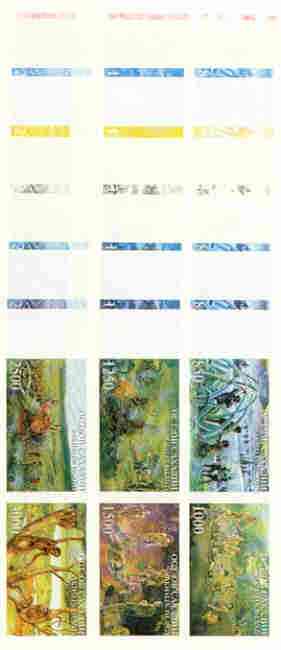 Sakhalin Isle 1997 Prehistoric Man sheetlet containing complete set of 6 values, the set of 7 imperf progressive proofs comprising the 4 individual colours plus 2, 3 & al..., stamps on dinosaurs