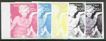 Kyrgyzstan 1999 Marilyn Monroe from 20th Century Culture (Famous People) the set of 5 imperf progressive proofs comprising the 4 individual colours plus all 4-colour comp..., stamps on personalities, stamps on entertainments, stamps on films, stamps on cinema, stamps on marilyn monroe, stamps on millennium