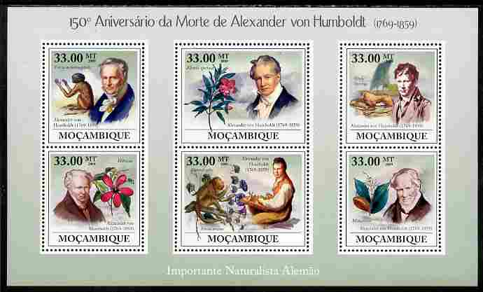 Mozambique 2009 150th Death Anniversary of Alexander von Humboldt perf sheetlet containing 6 values unmounted mint, stamps on personalities, stamps on apes, stamps on animals, stamps on explorers, stamps on squid