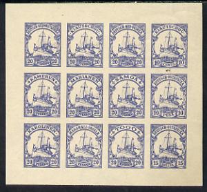 German Cols 1900 Yacht imperf forgery pane of 12 for various Colonies printed se-tenant in blue on gummed paper (20pfg, 10c, 10p & 15h), stamps on ships  yachting      sailing