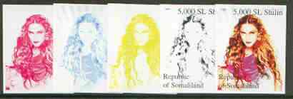 Somaliland 1999 Madonna (from 20th Century Culture sheetlet) the set of 5 imperf progressive proofs comprising the 4 individual colours plus all 4-colour composite , stamps on personalities, stamps on entertainments, stamps on films, stamps on cinema, stamps on music, stamps on pop