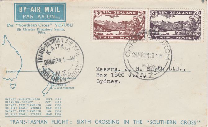 New Zealand 1934 Southern Cross 6th Flight cover NZ to Sydney with Kaitaia postmark No.1, stamps on 
