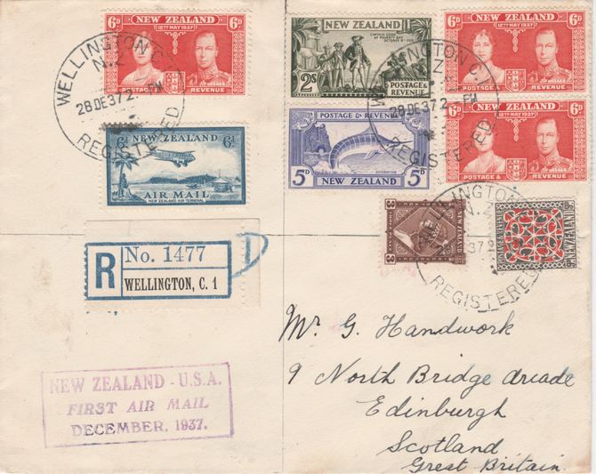New Zealand 1937 overpaid registered cover Wellington to Scotland with 5s5d paid but 4s6d plus 4d registration was the correct fee. Purple cachet rarely seen on registere..., stamps on 