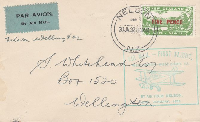 New Zealand 1932 First flight cover Nelson to Wellington with special cachet in green. Only 967 items carried on this flight., stamps on 