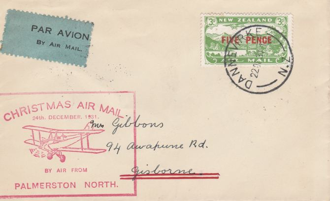New Zealand 1931 Christmas Air Mail Flight cover Palmerston North to Gisbourne with special cachet in red. Only 456 items carried on this flight., stamps on 