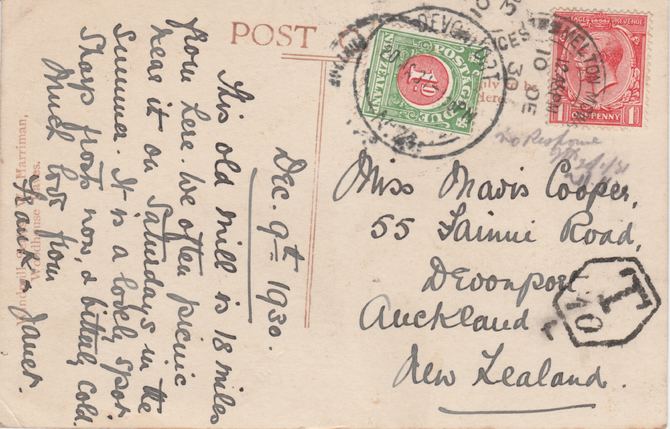 New Zealand 1930 picture postcard (Windmill) from Melton Mowbray to Auckland bearing KG5 1d with Hexagonal T10 and 1d postage due, mainly fine condition, stamps on 