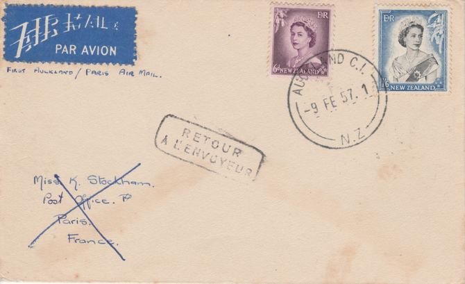 New Zealand 1957 Airmail cover to France marked RETOUR ALENVOYEUR, stamps on 