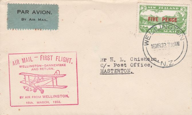 New Zealand 1932 First flight cover  Wellington to Masterton with special cachet in red. Only 409 items carried on this flight., stamps on 