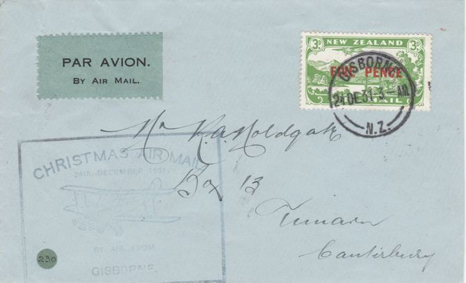 New Zealand 1931 Christmas Airmail  flight cover Gisborne to Timaru with special cachet in blue - Only 132 items were carried on this flight, stamps on 