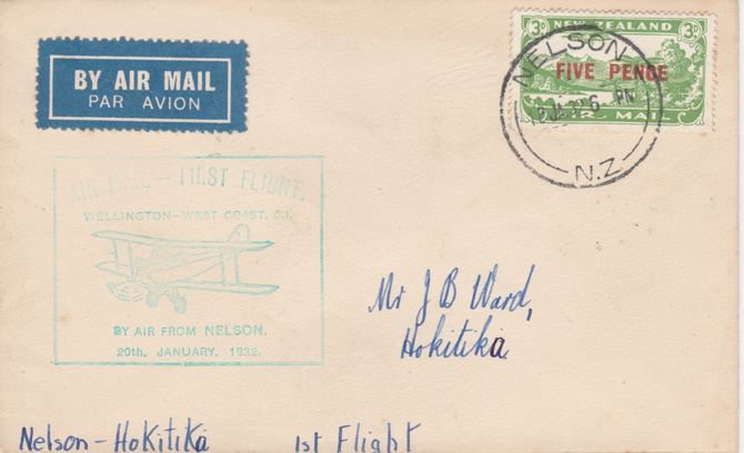 New Zealand 1932 First flight cover Nelson to Hokita with special cachet in green. Only 472 items carried on this flight., stamps on 