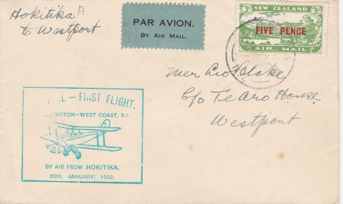 New Zealand 1932 First Flight cover Hokitika to Westport with special cachet in green - Only 502 items were carried on this flight, stamps on 