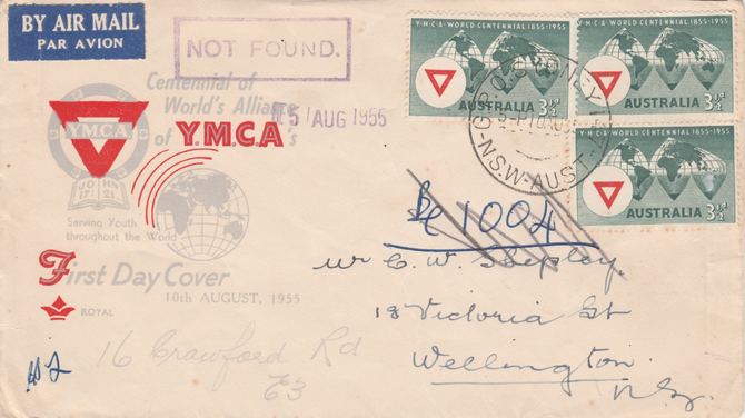 Australia 1955 YMCA x 3 on first day airmail cover to New Zealand with boxed NOT FOUND in violet, stamps on 