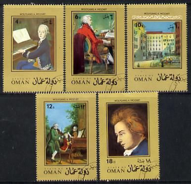 Oman 1972 Mozart set of 5 cto used*, stamps on , stamps on  stamps on music, stamps on  stamps on personalities, stamps on  stamps on composers, stamps on  stamps on masonics, stamps on  stamps on personalities, stamps on  stamps on mozart, stamps on  stamps on music, stamps on  stamps on composers, stamps on  stamps on masonics, stamps on  stamps on masonry